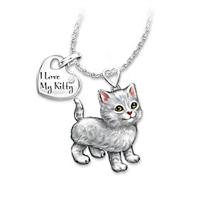 Grey Tabby Frisky Kitty Diamond Pendant Necklace